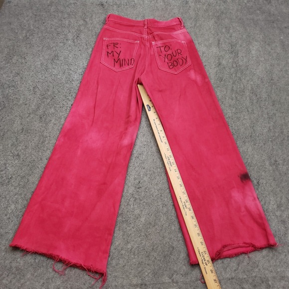 H&M Jeans Womens 2 Red Black Straight Baggy Wide Leg Smiley Face Ladies Y2K - Picture 6 of 12